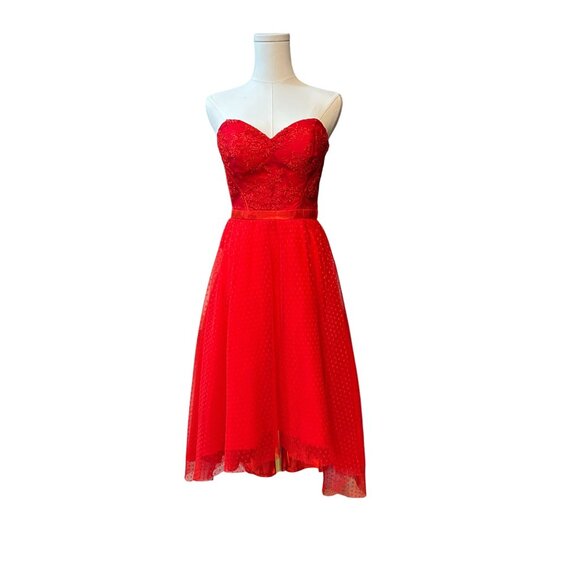 Bariano Red Strapless Dress with Dotted Tulle and Lace Black Label US Sz 4/Austr - Picture 1 of 6